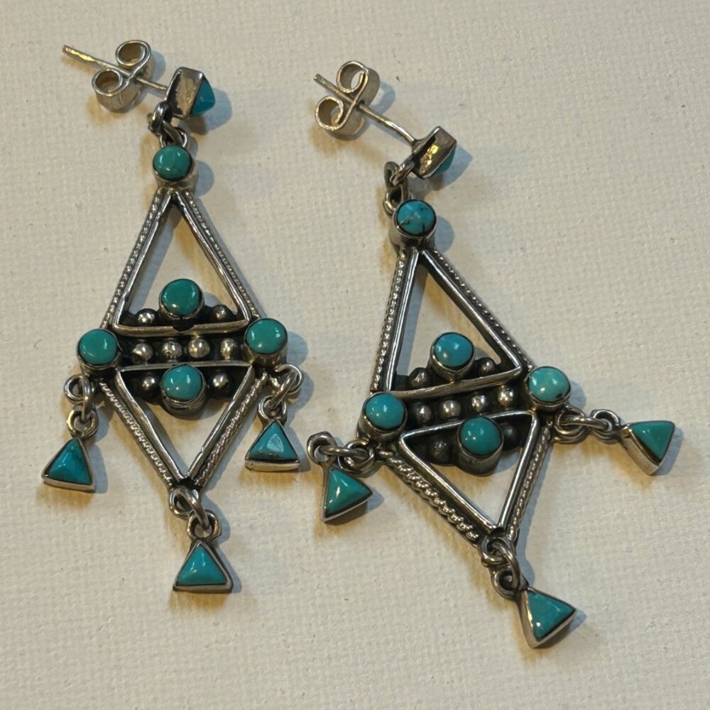 Vintage Mexico TAXCO Sterling Silver And Turquoise Dangle Earrings - Picture 1 of 4